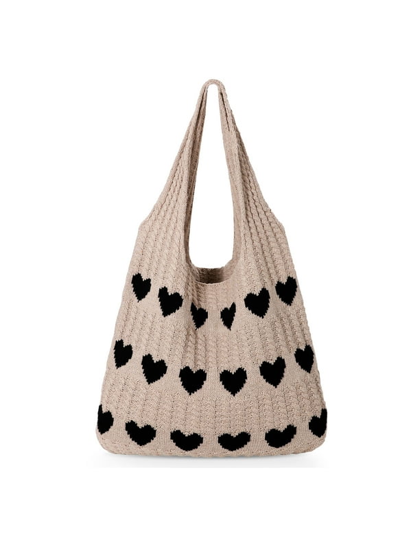 SUOSDEY Summer Beach Tote Bag with Heart Knit,Hollow Crochet Shoulder Bag Aesthetic Boho Hobo Bag