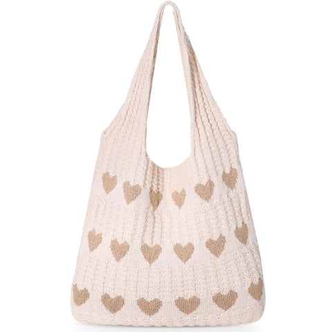 Summer Beach Tote Bag for Women with Heart Knit,Hollow Crochet Shoulder Bag Aesthetic Boho Hobo Bag