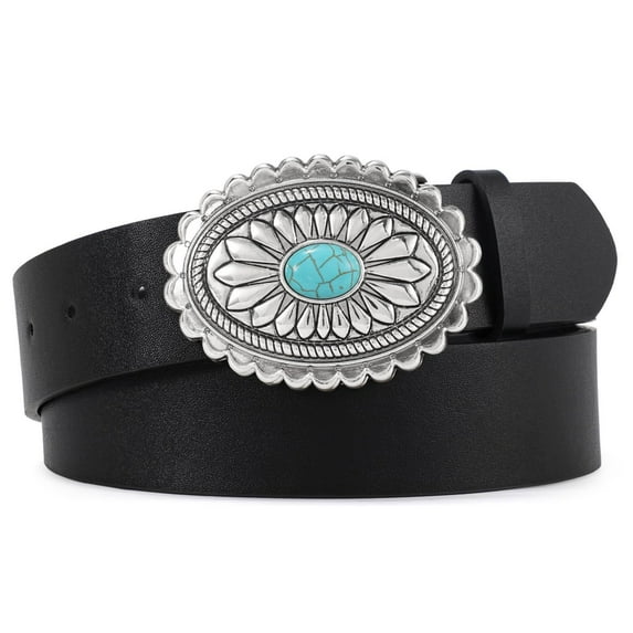 SUOSDEY Turquoise Buckle Western Leather Belt for Women Men Cowgirl Cowboy Concho Leather Belt