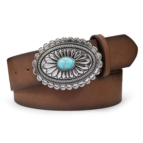 Turquoise Buckle Western Leather Belt for Women Men Cowgirl Cowboy Concho Leather Belt