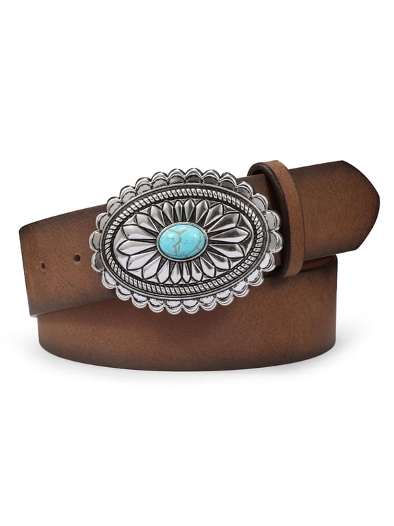 Turquoise Buckle Western Leather Belt for Women Men Cowgirl Cowboy Concho Leather Belt