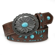 Turquoise Buckle Western Leather Belt for Women Men Cowgirl Cowboy Concho Leather Belt