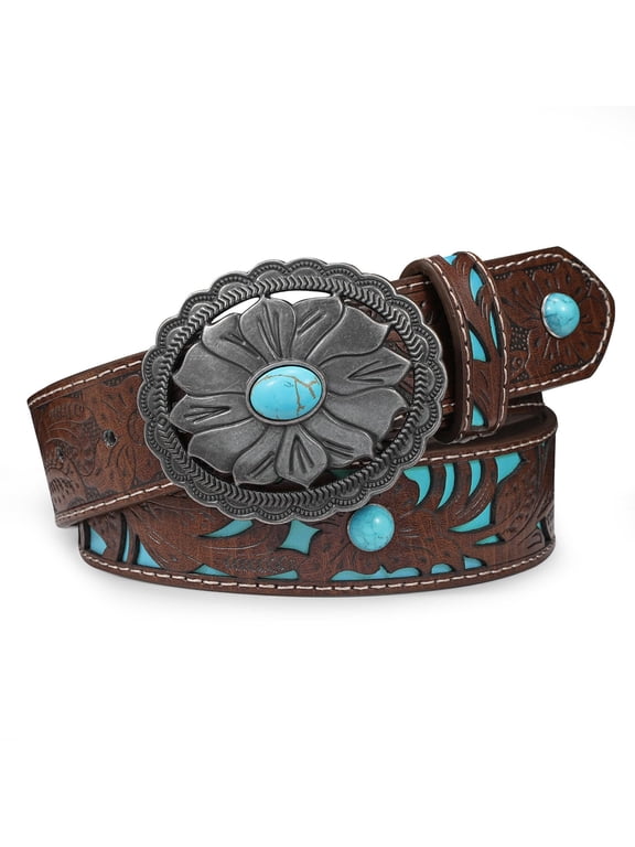 Turquoise Buckle Western Leather Belt for Women Men Cowgirl Cowboy Concho Leather Belt