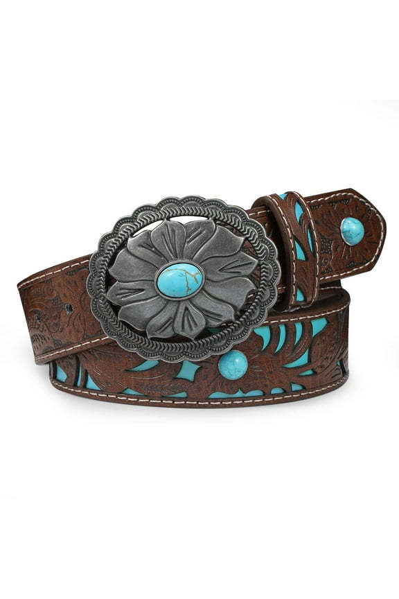 Turquoise Buckle Western Leather Belt for Women Men Cowgirl Cowboy Concho Leather Belt