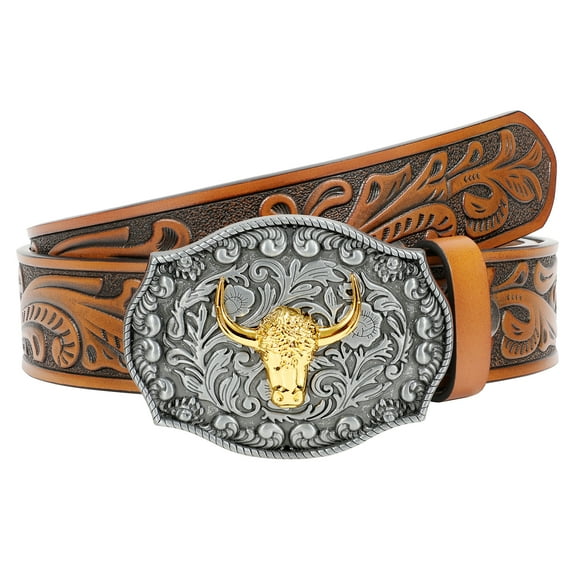 SUOSDEY Western Belts for Men Women,Cowboy Cowgirl Belts with Longhorn Bull Buckle Floral Embossed Belt