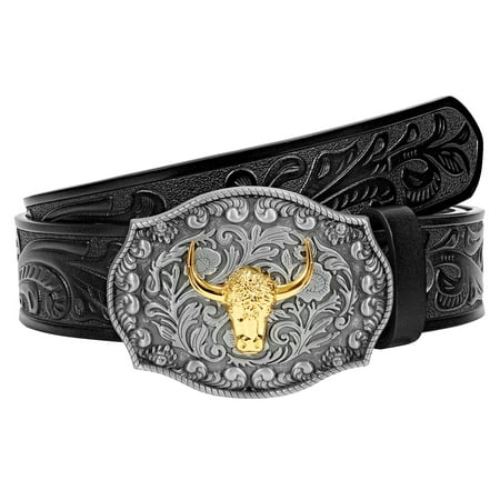 SUOSDEY Western Belts for Men Women,Cowboy Cowgirl Belts with Longhorn Bull Buckle Floral Embossed Belt