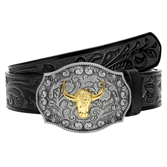 SUOSDEY Western Belts for Men Women,Cowboy Cowgirl Belts with Longhorn Bull Buckle Floral Embossed Belt