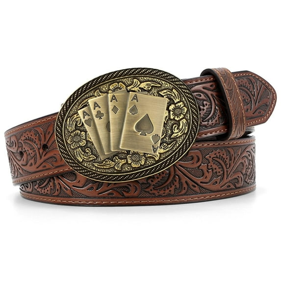 SUOSDEY Western Leather Belts for Men Women Engraved Belt,Cowboy Cowgirl Embossed Belt for Jeans Christmas Gifts