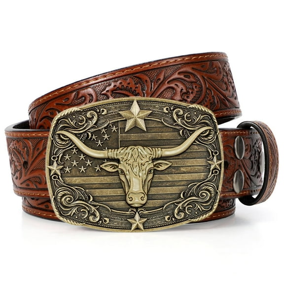 SUOSDEY Western Leather ​​Belts for Men Women Engraved Belt,Cowboy Cowgirl Embossed Belt for Jeans Christmas Gifts