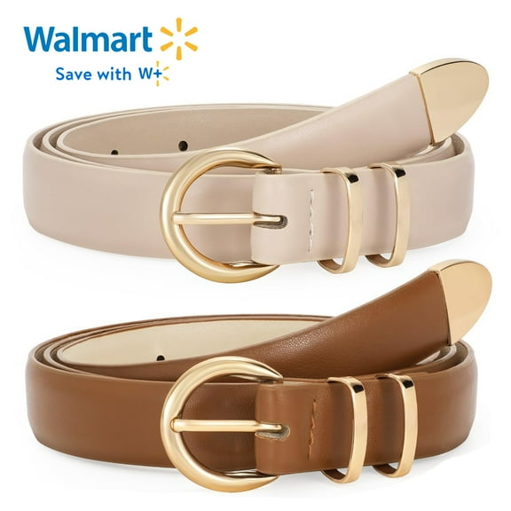 SUOSDEY Women Leather Belts for Jeans Gold Buckle Ladies Leather Belt 2 Pack