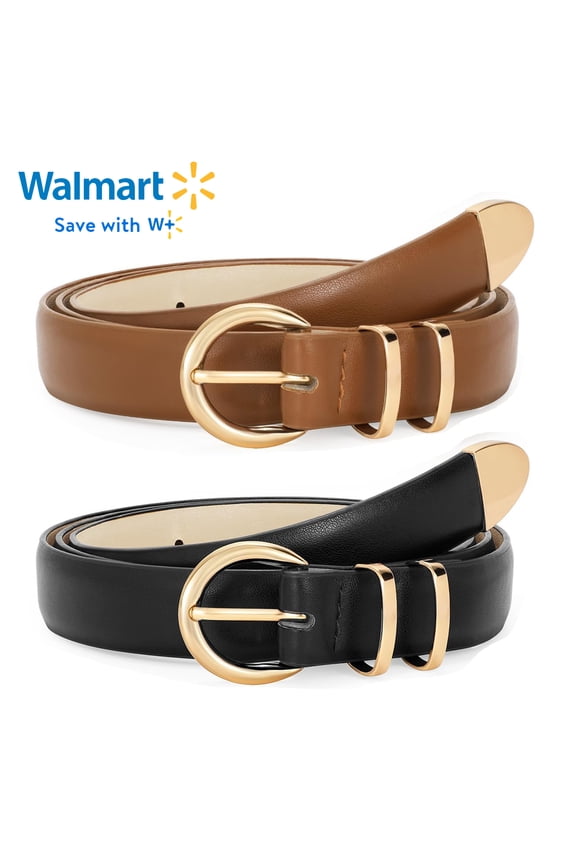 Women Leather Belts for Jeans Gold Buckle Ladies Leather Belt 2 Pack