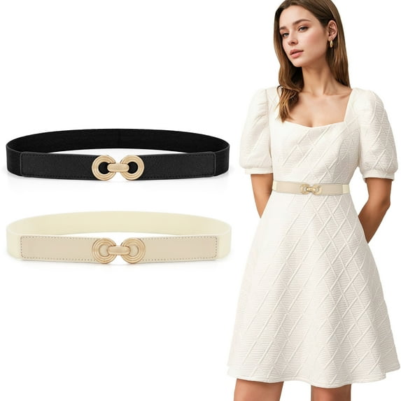 SUOSDEY Women Skinny Elastic Belt Ladies Stretchy Waist Belt with Round Gold Buckle 2 Pack