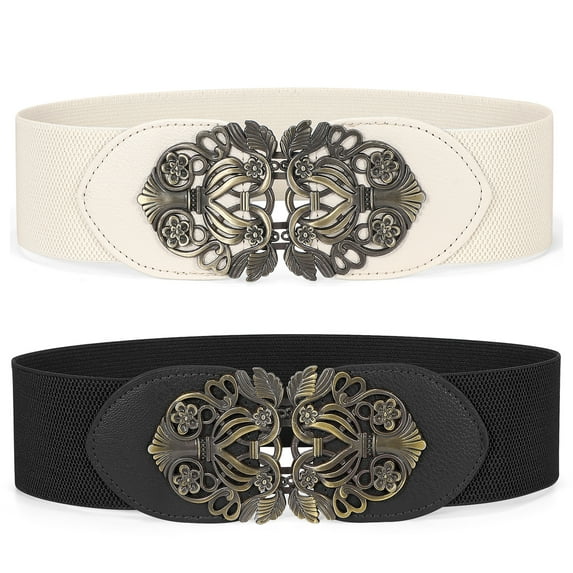 SUOSDEY Women Stretch Wide Belts Vintage Elastic Waist Belt for Dresses with Retro Interlocking Buckle