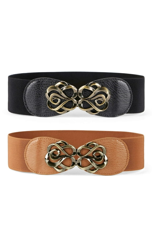Women Stretchy Belts Ladies Elastic Wide Waist Belts for Dresses 2 Pack