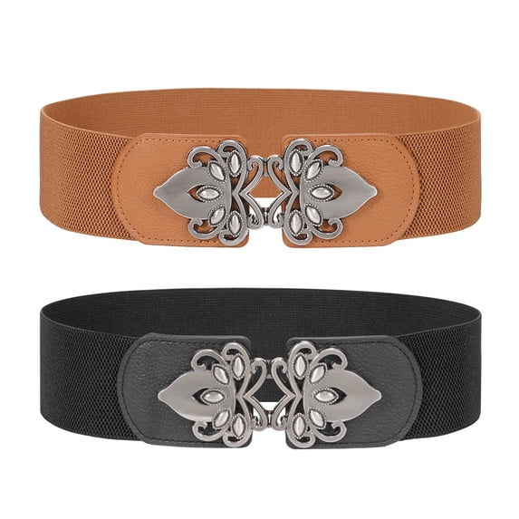 SUOSDEY Women's Elastic Belt Ladies Stretch Wide Waist Belts for Dresses Pants with Sliver Buckle 2 Pack