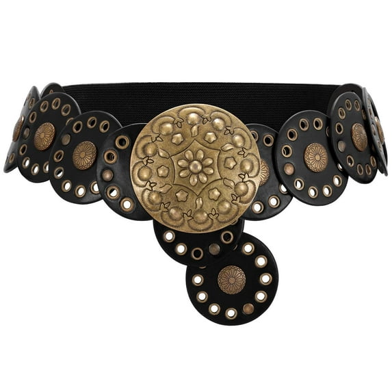 SUOSDEY Women's Hollow Western Disc Belt Concho Stretch Cowgirl Leather Wide Waist Belt for Dresses Jeans