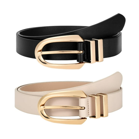 SUOSDEY Women's Leather Belts Ladies Casual Waist Belts for Jeans 2 Pack,Black Beige Belt