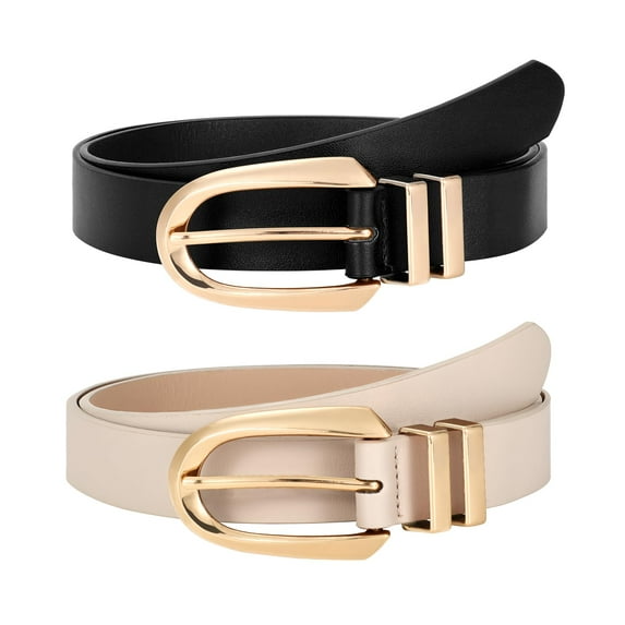 SUOSDEY Women's Leather Belts Ladies Casual Waist Belts for Jeans 2 Pack,Black+Beige Belt