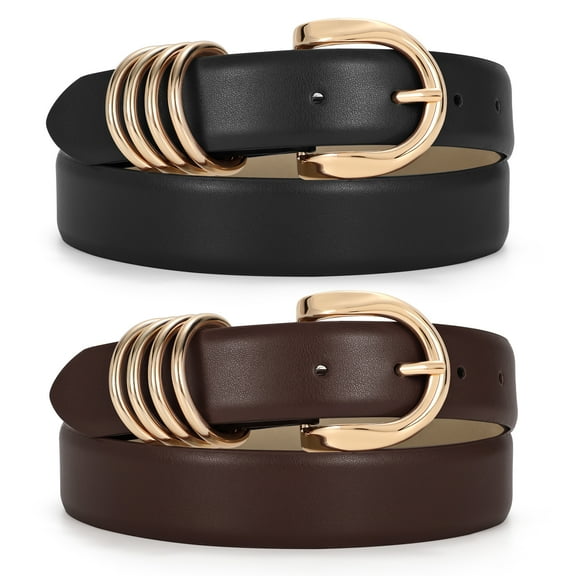 SUOSDEY Women's Leather Belts for Jeans Gold Loops Belts Ladies Black Coffee Belt 2 Pack