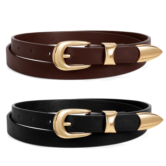 SUOSDEY Women's Skinny Leather Belts Thin Women Belt for Jeans Dress with Metal -tail Design 2 Pack