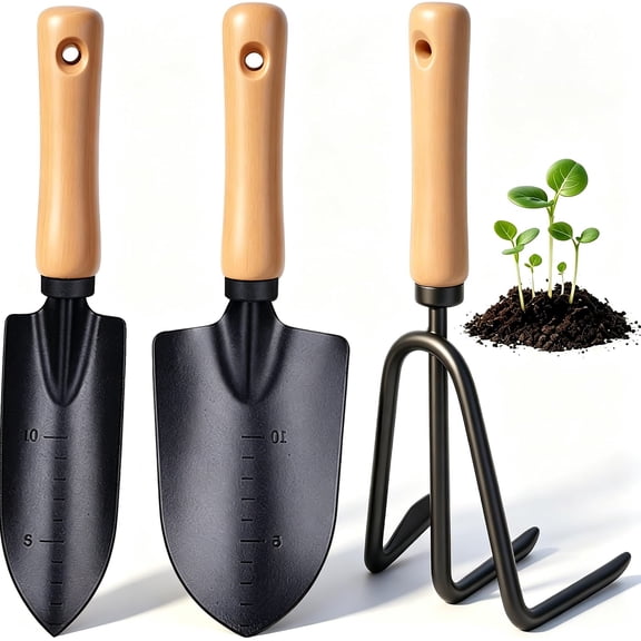 SUOWANG 3 Piece Garden Tools Gift Minimalism Gardening Tool Set with Wood Handle, Succulent Plant Transplant Trowel, 3 Pieces Include 1 Narrow Trowel,1 Wide Trowel and 1 Garden Rake