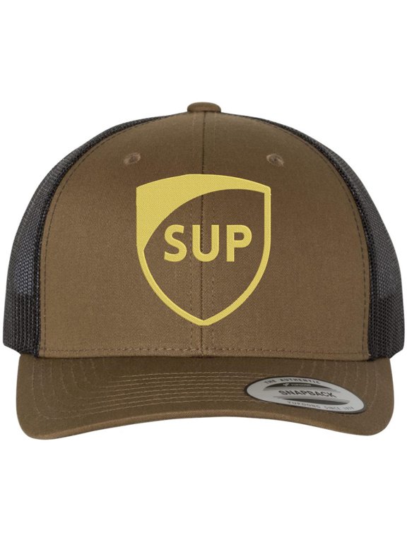 SUP Embroidered Trucker Hat Funny Streetwear Snapback Mesh Back Baseball Cap, Brown/Black