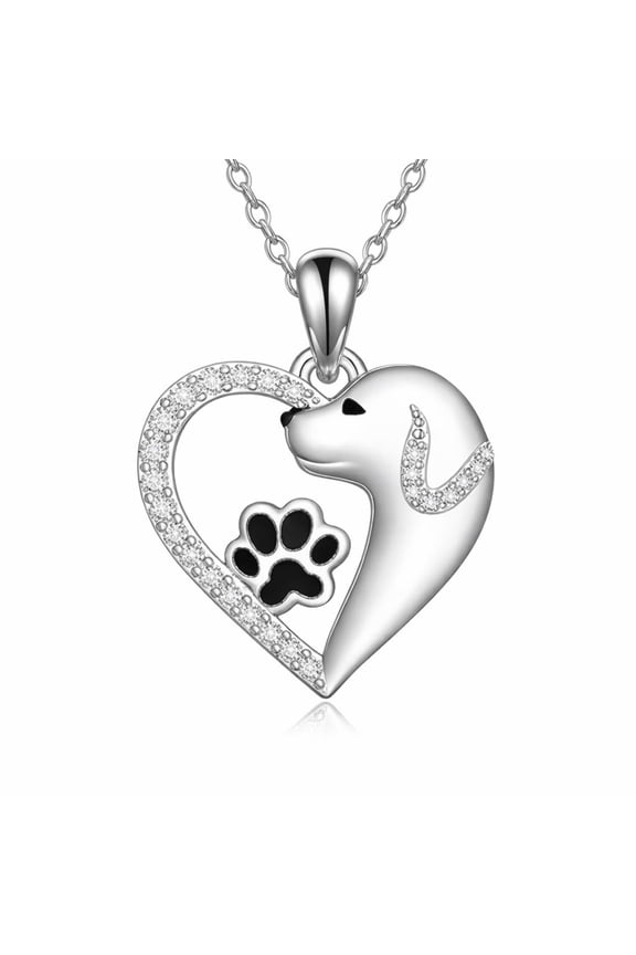 Dog Breeds Necklace, German Shepherd, Labrador Retriever, Heart Pendant Necklace, Black and Gold, Crystal Paw Print Design, Dog Lovers Gift (Golden Retriever)