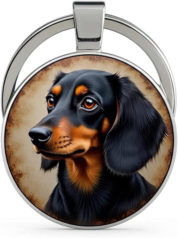 Dog Lovers' Keychain, Different Puppy Breeds Portrait Round Glass Keychain, Silver Metal Frame, 1.06 Inch Diameter (Dachshund)