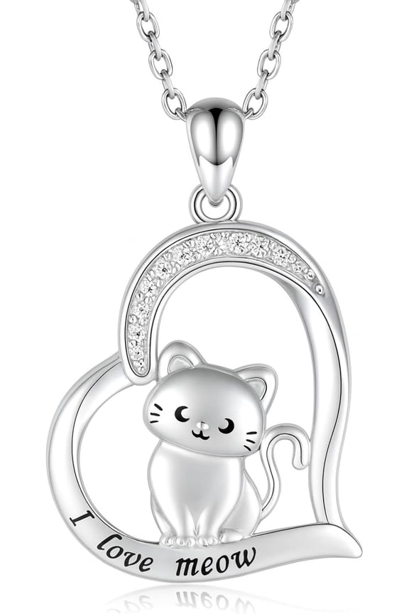 Kitten Moon Heart Necklace - Stainless Steel, Crystal Pendant