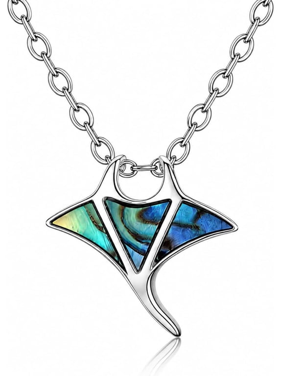 Manta Ray Pendant Necklace - Stainless Steel, Abalone Shell