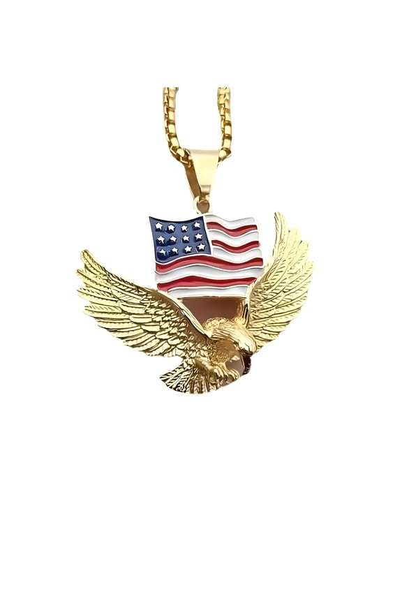 Mens Majestic Silver Eagle with American Flag Pendant Necklace - A Bold Hip Hop Jewelry Statement, Symbol of Freedom and Unmatched Style (Silver)