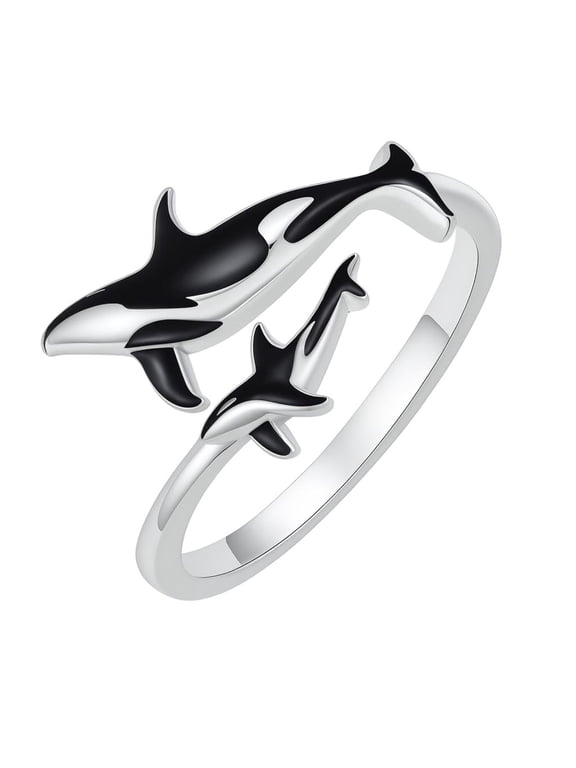 Orca Whale Ring - Stainless Steel, Adjustable, Black Silver