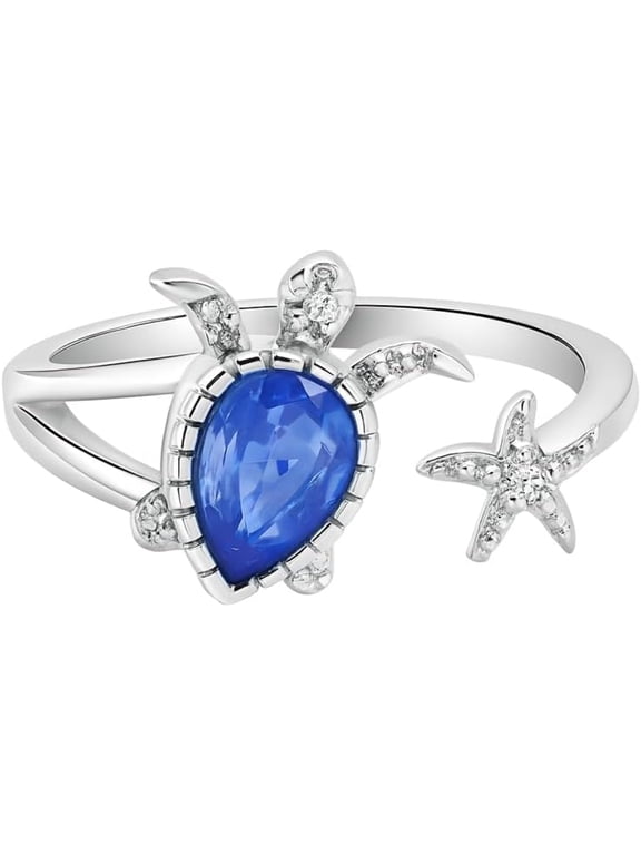 Stainless Steel Blue Crystal Turtle Ring, Adjustable Size - Turtle Lovers' Gift