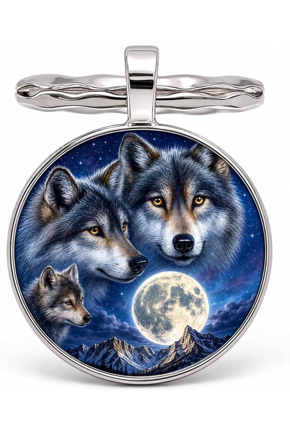 Wolf Pack Moon Mountain Stained Glass Keychain