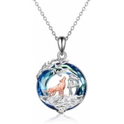 SUPAC Wolf Winter Scene Pendant Necklace - Blue Crystal