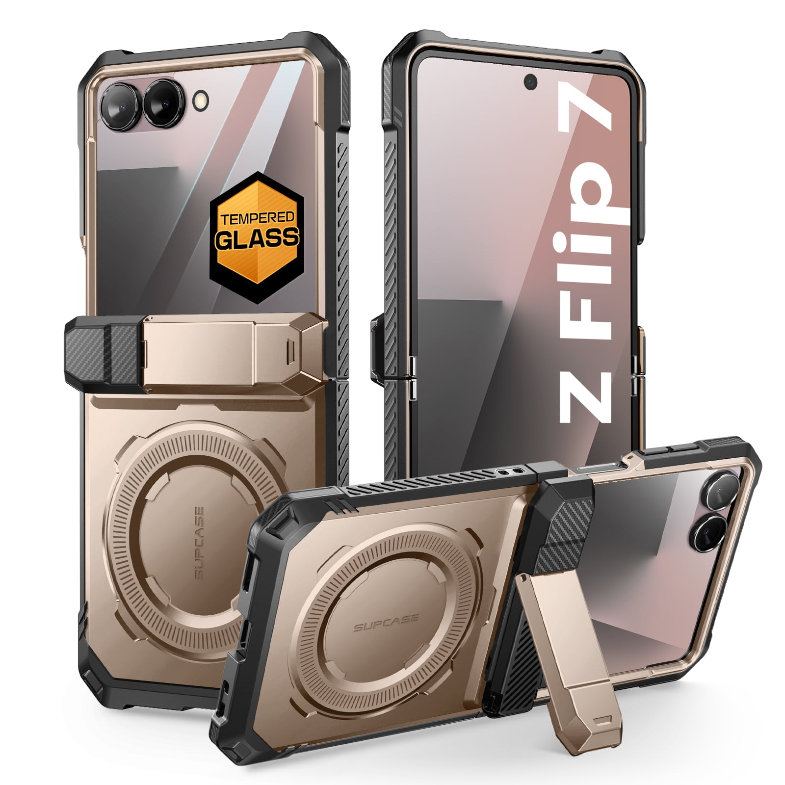 SUPCASE for Samsung Galaxy Z Flip 7 Magnetic Case with Stand & Front Screen Protector, Built-in N52 Magnets [Support MagSafe] Hinge Protection Full Body Military-Grade Rugged Back Phone Cover, Desert