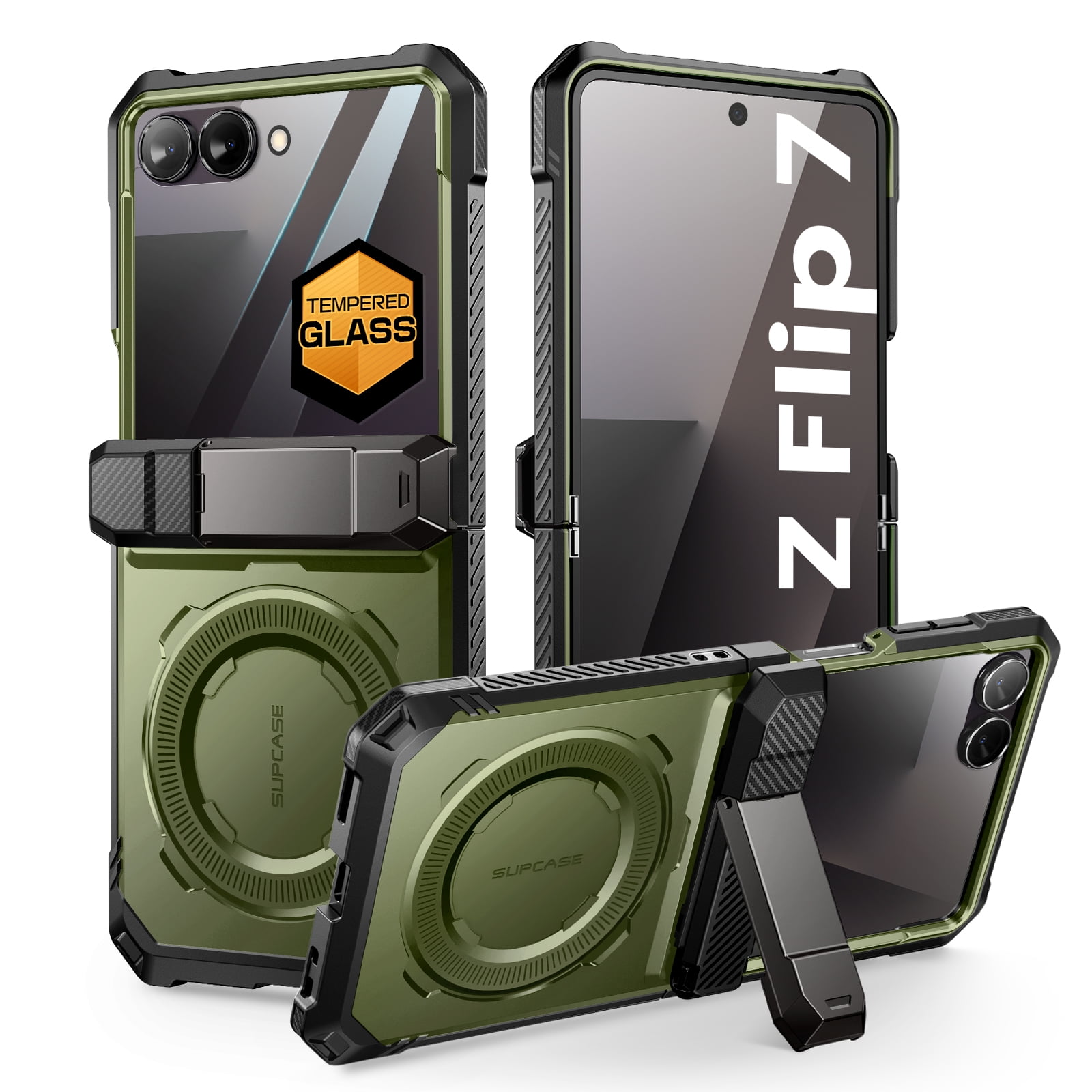 SUPCASE for Samsung Galaxy Z Flip 7 Magnetic Case with Stand & Front Screen Protector, Built-in N52 Magnets [Support MagSafe] Hinge Protection Full Body Military-Grade Rugged Back Phone Cover, Guldan