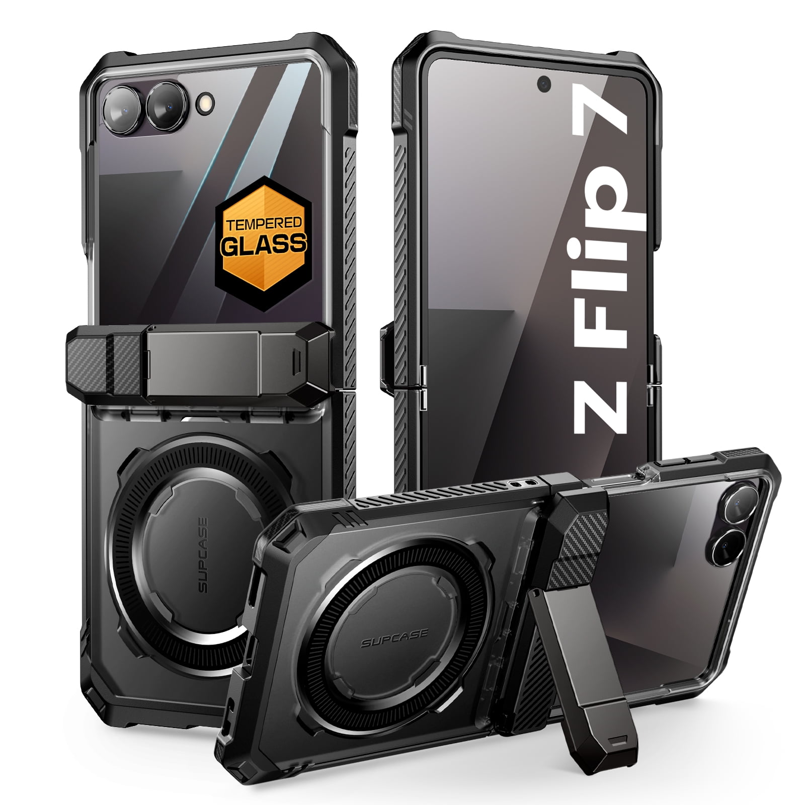 SUPCASE for Samsung Galaxy Z Flip 7 Magnetic Case with Stand & Front Screen Protector, Built-in N52 Magnets [Support MagSafe] Hinge Protection Full Body Military-Grade Rugged Back Phone Cover, Black