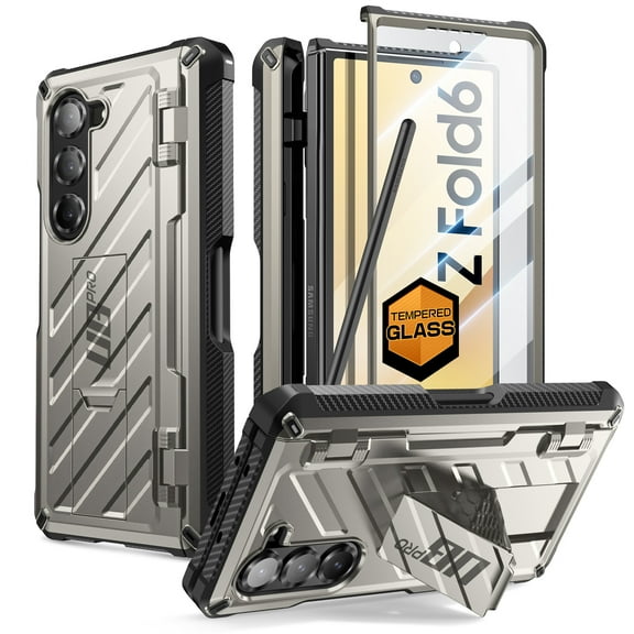 SUPCASE for Samsung Galaxy Z Fold 6 Case with S Pen Holder (UB Pro) [Built-in Screen Protector & Kickstand] [Military-Grade Protection] Heavy Duty Rugged Phone Case 360° Shockproof Cover, TiGray