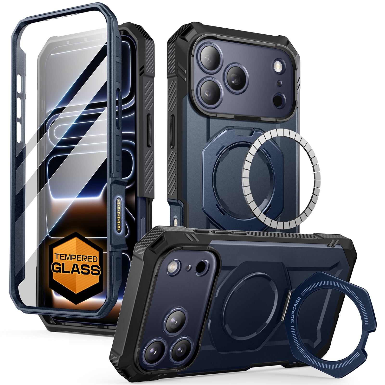 SUPCASE UBGrip Pro for Apple iPhone 17 Pro Magnetic Case, [Built-in HD Tempered Glass Screen Protector & Stand] Full Body Heavy Duty 1800g Magnetic Force Phone Cover for iPhone 17 Pro, 6.3", Azure