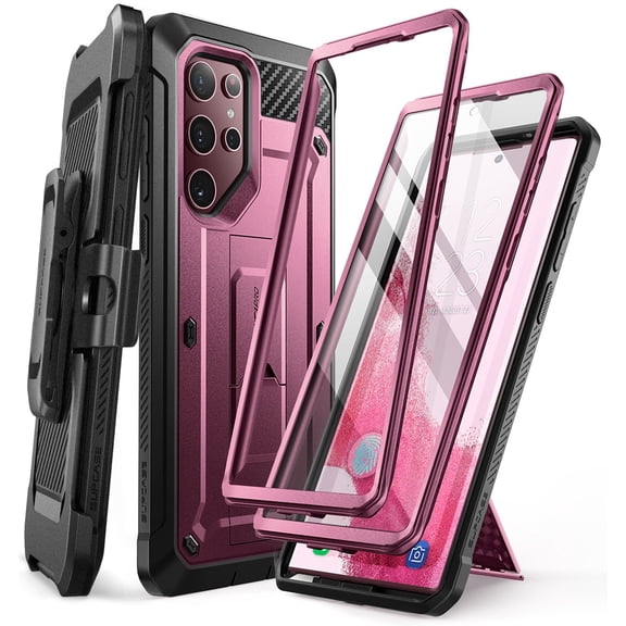 SUPCASE Unicorn Beetle Pro Case for Samsung Galaxy S22 Ultra 5G (2022 Release), [Extra Front Frame] Full-Body Dual Layer Rugged Belt-Clip & Kickstand Case with Built-in Screen Protector (Wine)