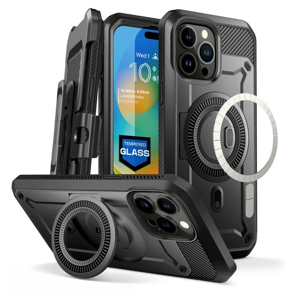 SUPCASE Unicorn Beetle Pro Mag Case for iPhone15 Pro Max 6.7", Compatible with MagSafe Full Body Rugged Case with Built-in Screen Protector & Kickstand & Belt-Clip (Black)