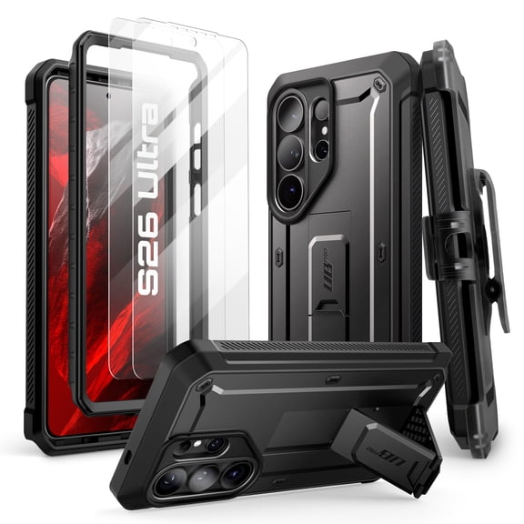 SUPCASE Unicorn Beetle Pro for Samsung Galaxy S26 Ultra 2026 Case with Stand & Belt-Clip, [2 Tempered Glass Screen Protectors & Front Frame] Military-Grade Protective Phone Cover for S26 Ultra, Black