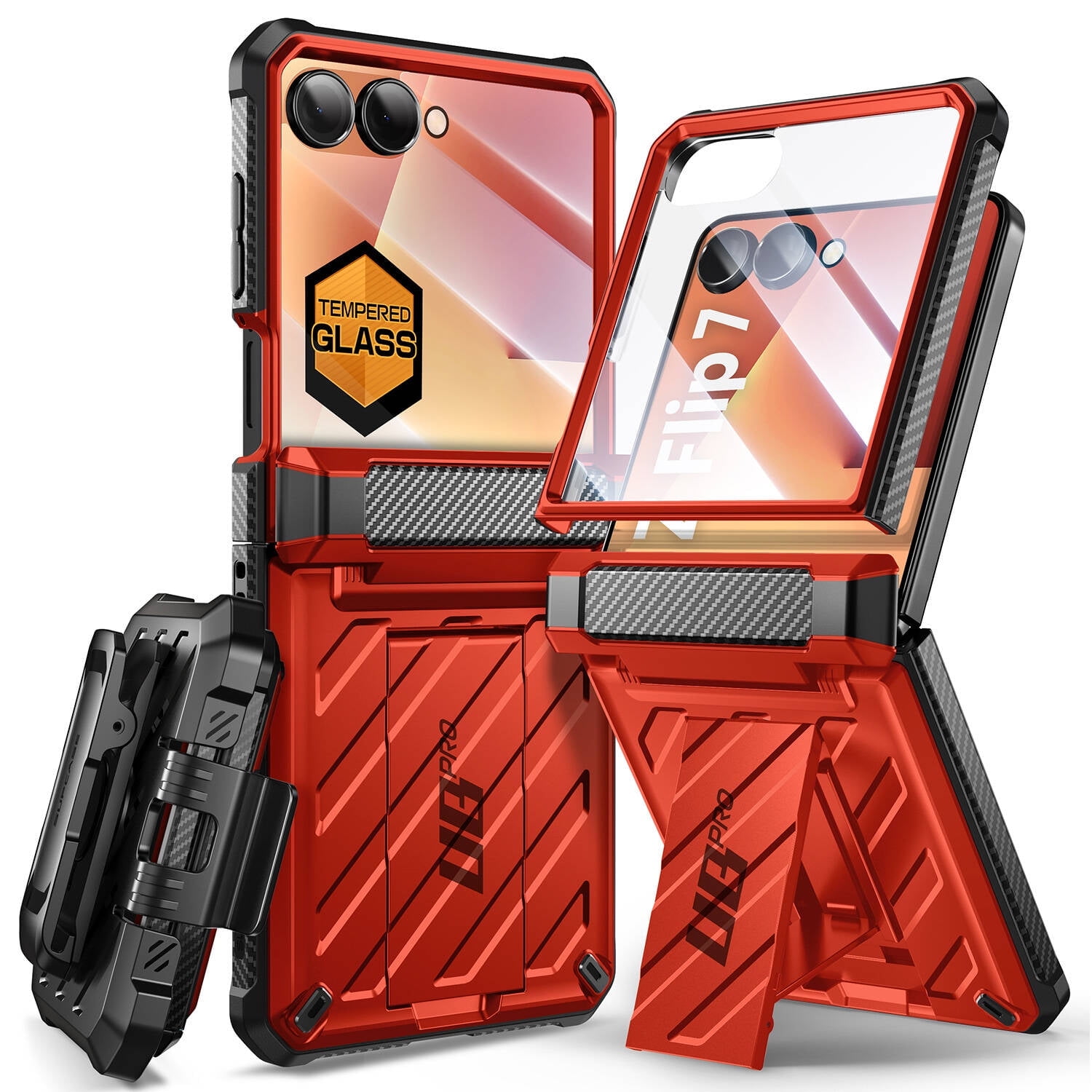 SUPCASE Unicorn Beetle Pro for Samsung Galaxy Z Flip 7 Case with Built-in Stand & Belt-Clip, [Hinge Protection] [Front Tempered Glass Screen Protector] Full Body Military-Grade Phone Cover, Ruddy