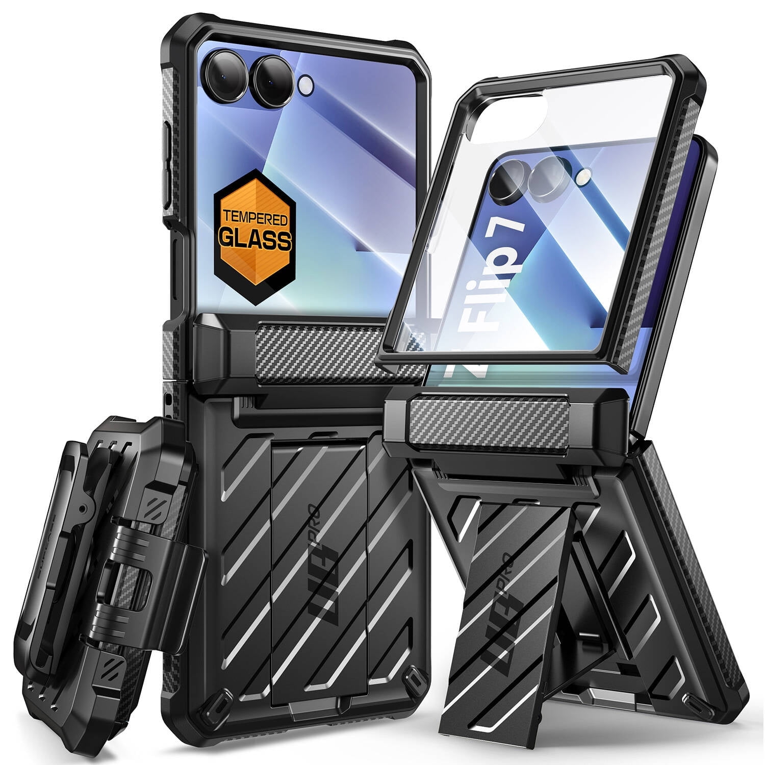 SUPCASE Unicorn Beetle Pro for Samsung Galaxy Z Flip 7 Case with Built-in Stand & Belt-Clip, [Hinge Protection] [Front Tempered Glass Screen Protector] Full Body Military-Grade Phone Cover, Black