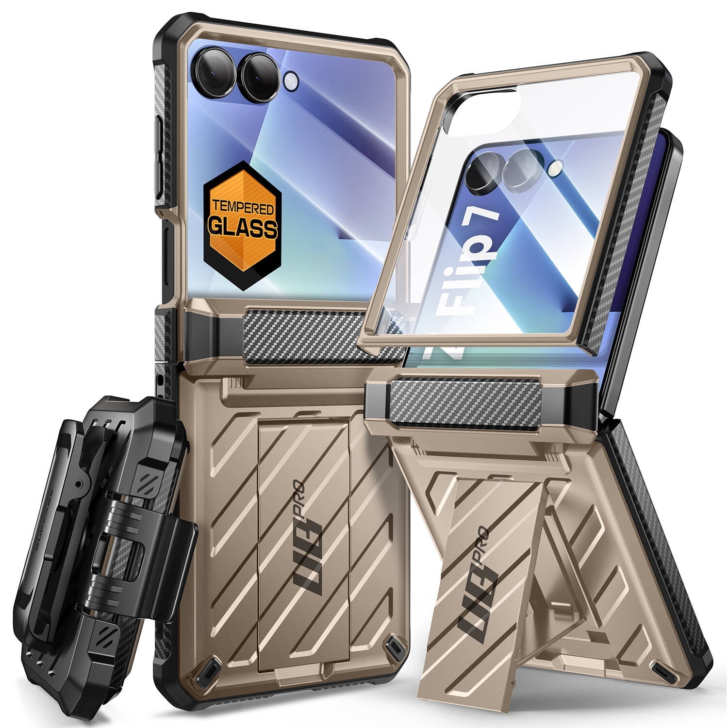 SUPCASE Unicorn Beetle Pro for Samsung Galaxy Z Flip 7 Case with Built-in Stand & Belt-Clip, [Hinge Protection] [Front Tempered Glass Screen Protector] Full Body Military-Grade Phone Cover, Desert