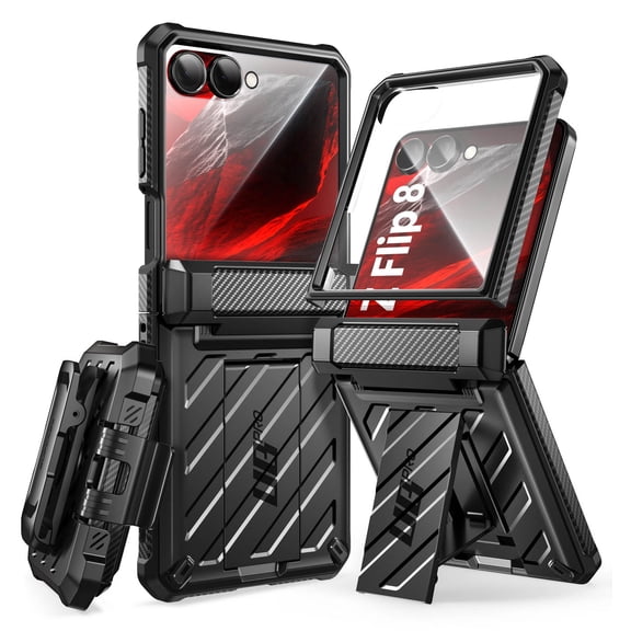 SUPCASE Unicorn Beetle Pro for Samsung Galaxy Z Flip 8 Case, Hinge Protection 360 Full Body Military-Grade Phone Cover with Foldable Stand and Rotating Belt Clip, Front Screen Protector, Black