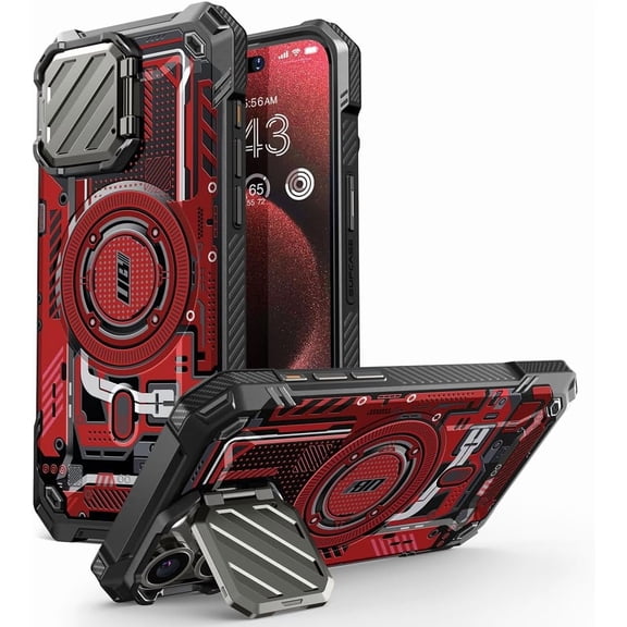 SUPCASE for iPhone 15 Pro Max Case with Camera Cover & Stand (UBMag XT) [Compatible MagSafe] [Built-in Kickstand] [Military-Grade Protection] Heavy Duty Rugged Magnetic Phone Case, RedCircuit
