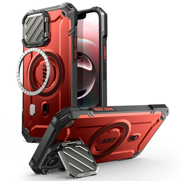 SUPCASE for iPhone 16e/15/14/13 6.1" Case with Camera Cover Stand (UBMag XT), [Compatible with MagSafe] [Built-in Kickstand] [Military-Grade Protection] Heavy Duty Magnetic Case for iPhone 16e, Red