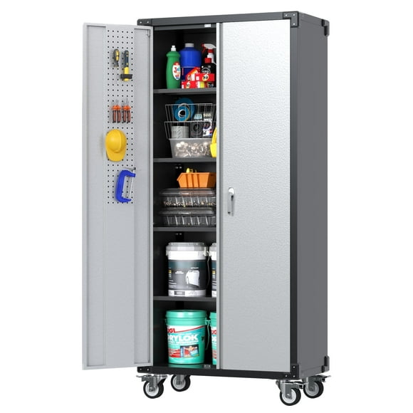 SUPEER 72-Inch 4-Shelf Metal Garage Cabinet with Pegboards, Wheels, and Accessories, Assembly Required